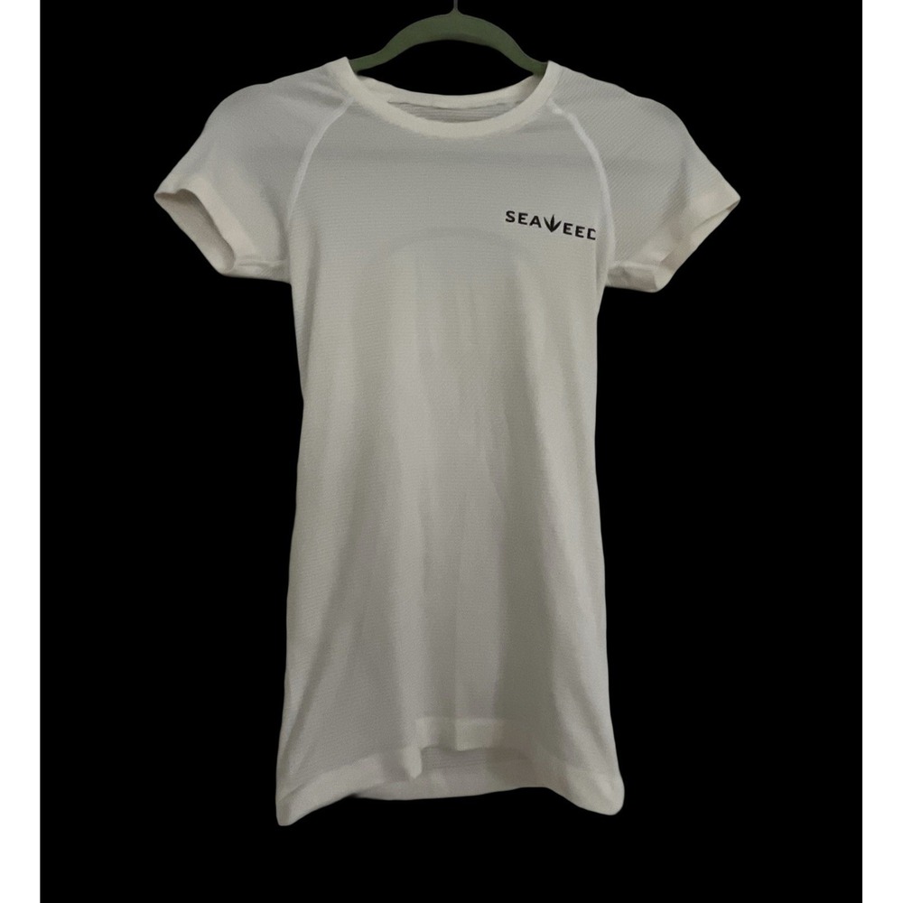 Lululemon Women's Short Sleeve Shirt Seewed White Boat On Back Size 2 Ocean Lake